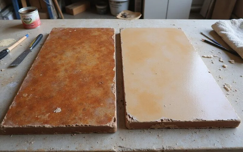 Acid stain and water-based stain sample boards placed side by side