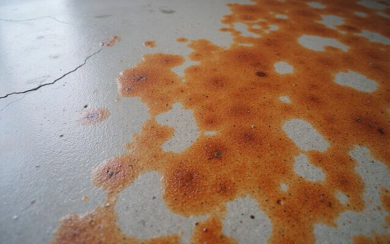 Acid stain reacting on concrete showing variegated colour developing