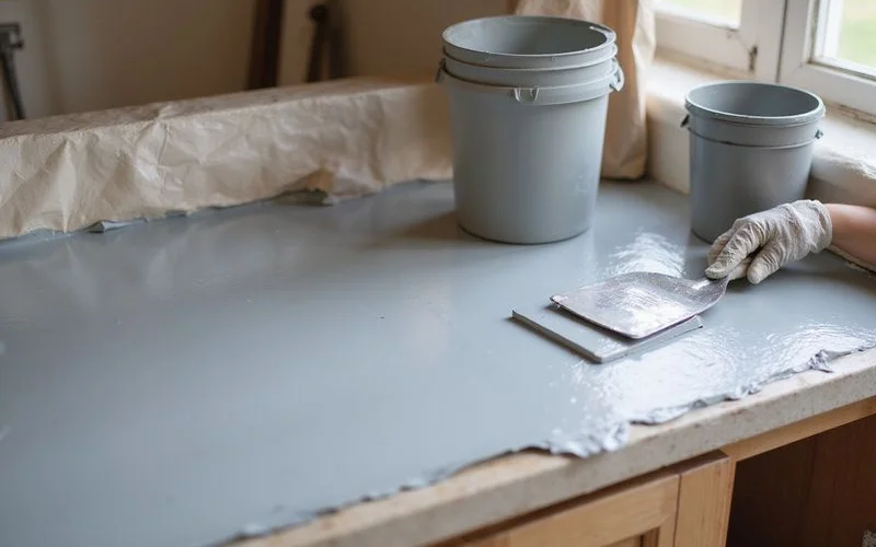 Applying a countertop resurfacing skim coat, mid-task