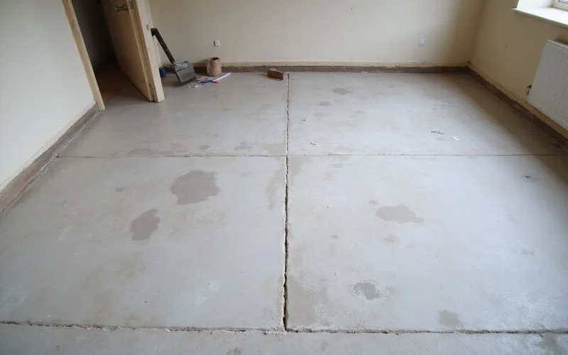 Bare concrete slab with adhesive ghosting and patches after tile removal