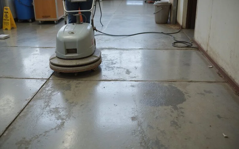 Burnishing machine restoring gloss on polished concrete