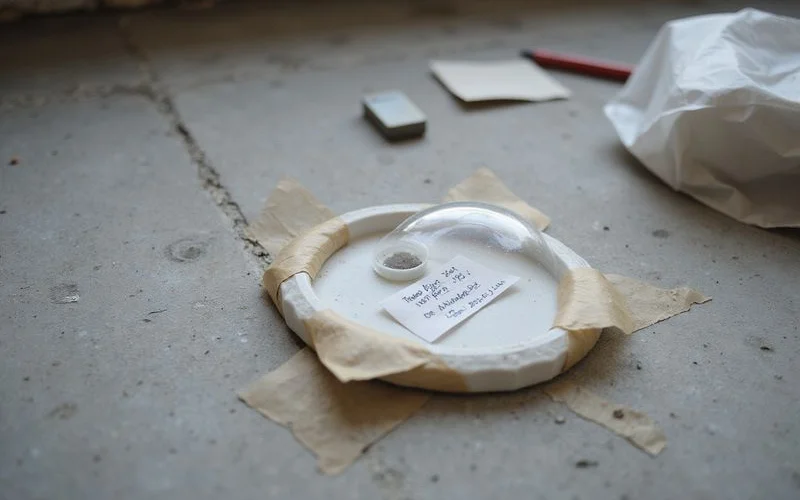 Calcium chloride moisture test kit sealed to a bare concrete slab