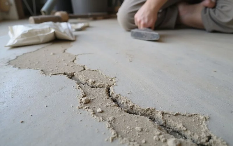 Slab needing preparation and crack repair before staining
