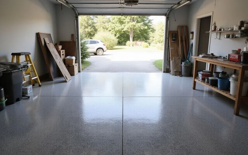 Finished flake epoxy garage floor, wide shot
