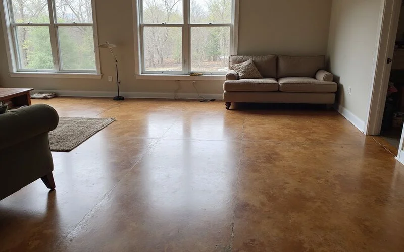 Finished stained concrete floor in a mid-size Austin living room