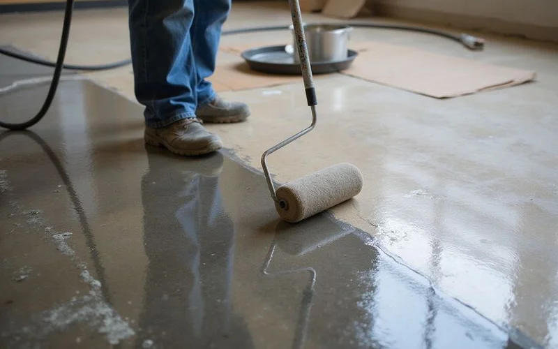 Fresh sealer coat restoring a dull stained concrete floor