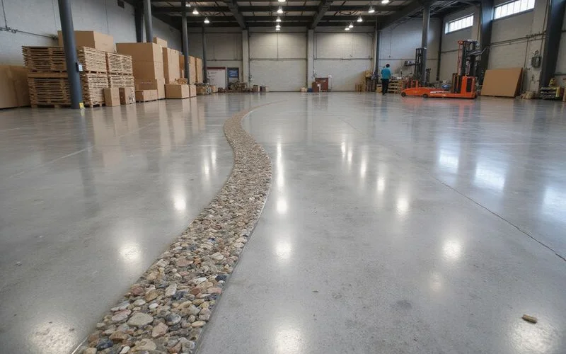 High-gloss aggregate-exposed polished floor reflecting overhead light
