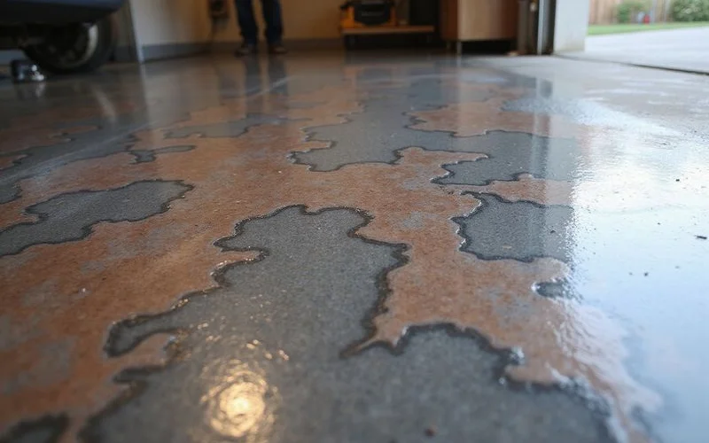 Metallic epoxy garage floor close-up showing swirled movement
