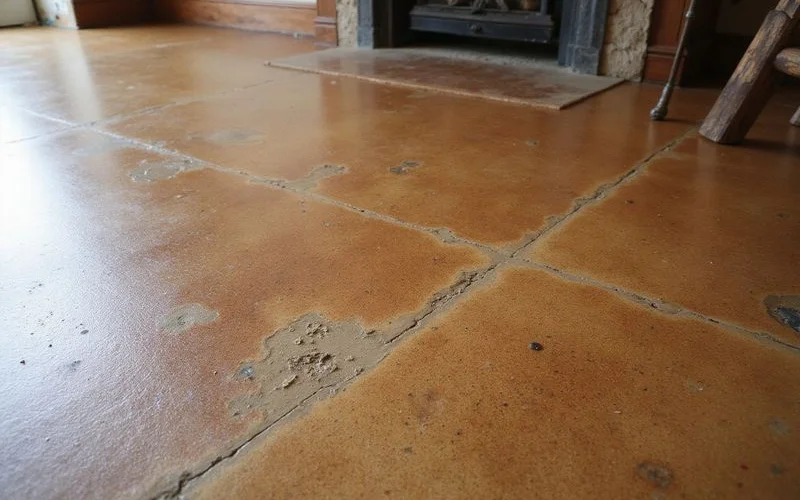 Mottled walnut acid-stained floor showing translucent variation