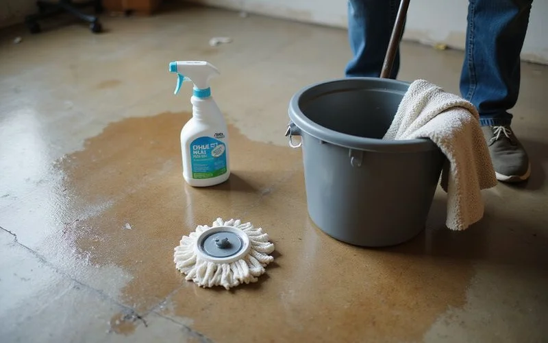 pH-neutral cleaner and mop bucket beside a stained concrete floor