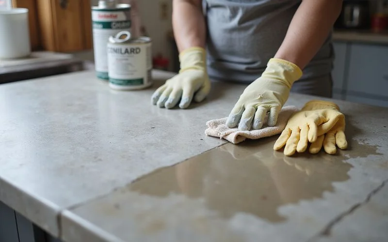 Sealer being applied to a concrete countertop edge, close-up