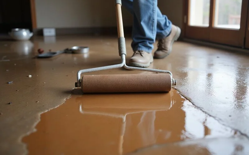 Sealer being applied to a stained concrete floor with a roller