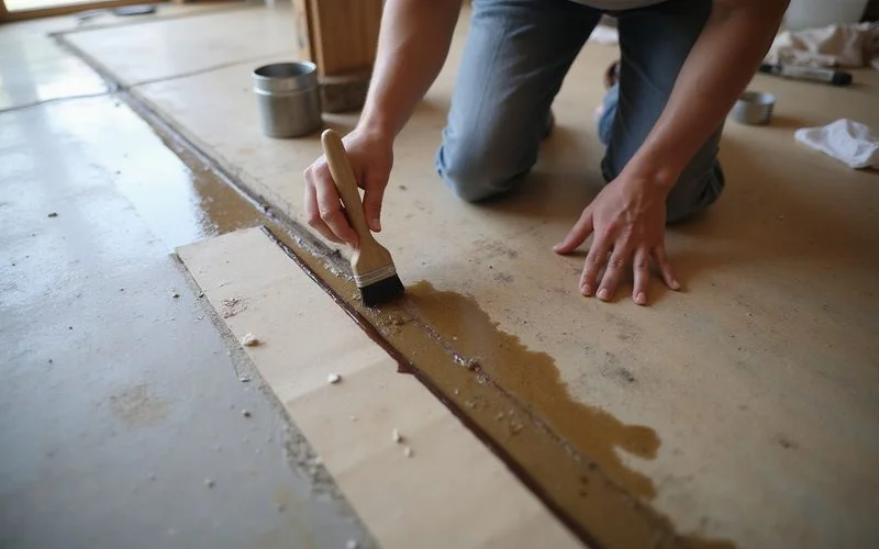 Sealer being applied to a stained concrete floor edge, close-up