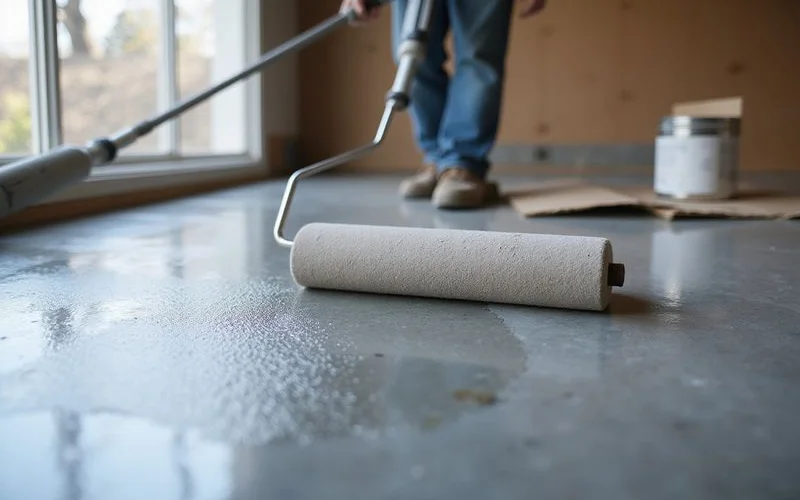 Sealer topcoat being applied to a ground concrete floor