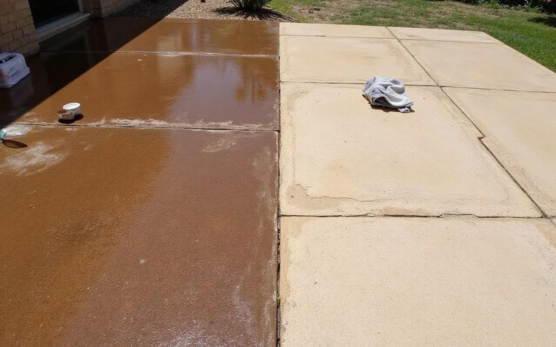 Dark and light stained concrete patio surfaces compared under the same sunlight