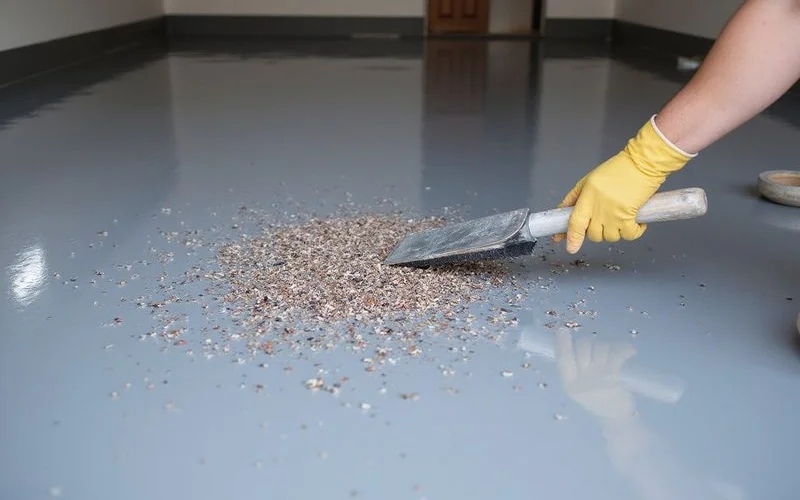 Vinyl flake being broadcast onto a wet epoxy garage floor base coat