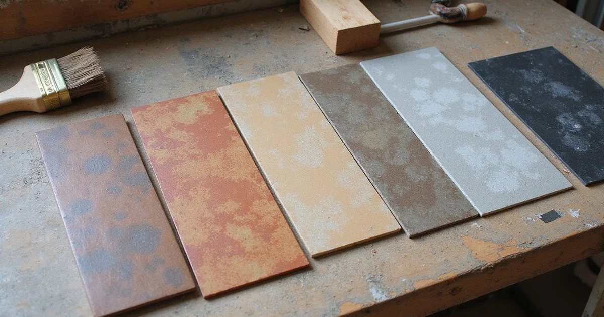 Acid-stained sample boards in earth tones and grey under natural daylight