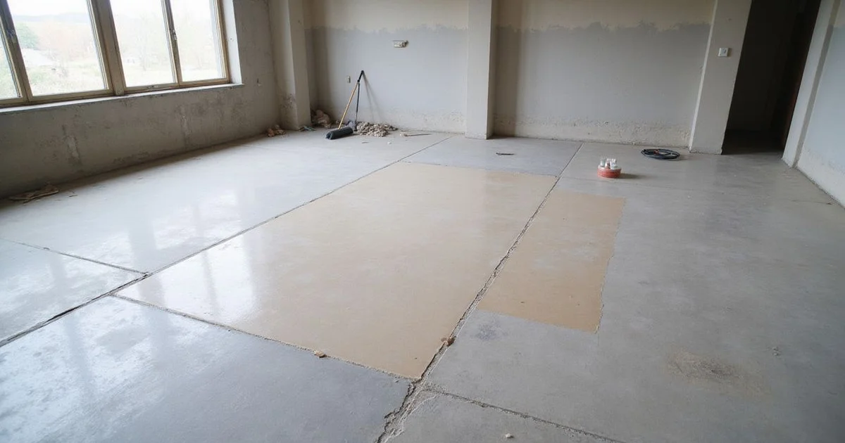 Bare interior slab showing faint adhesive ghosting after tile removal, lit by window light