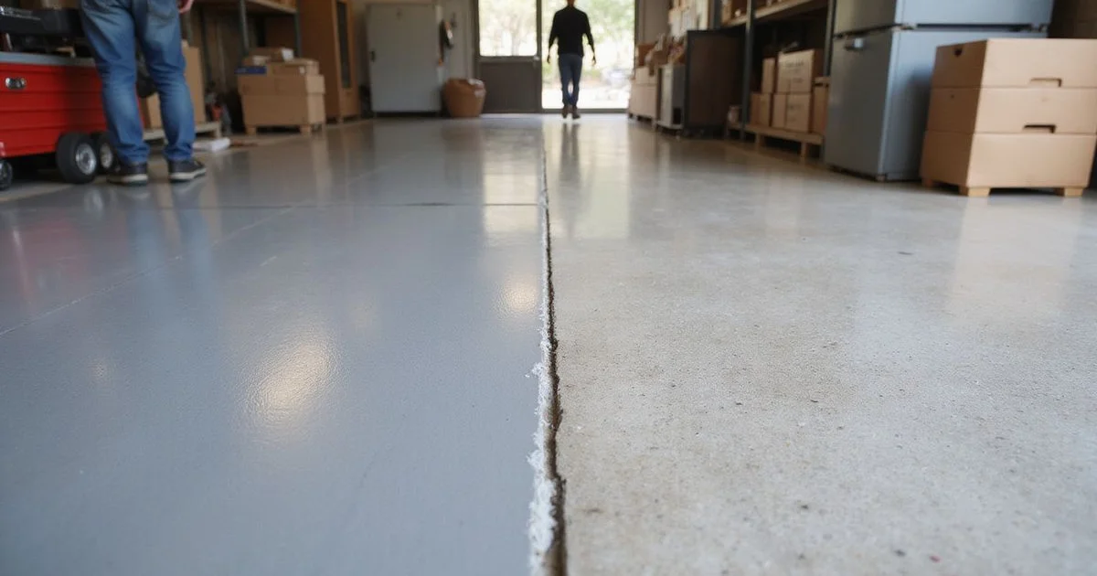 Comparison of an epoxy-coated workshop floor beside a polished concrete retail floor