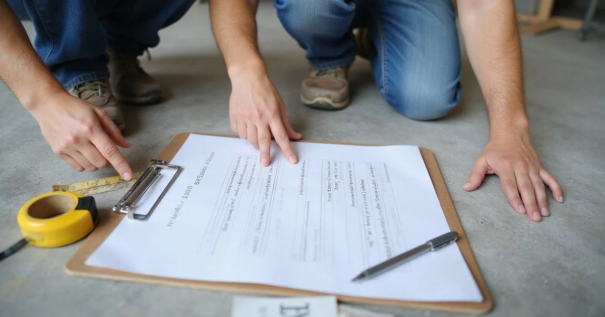Contractor and homeowner reviewing a written scope over a bare concrete floor
