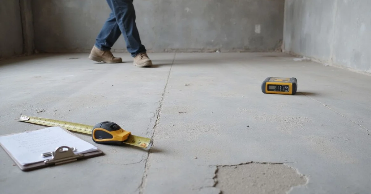Contractor assessing a slab for polishing with a tape measure and notes
