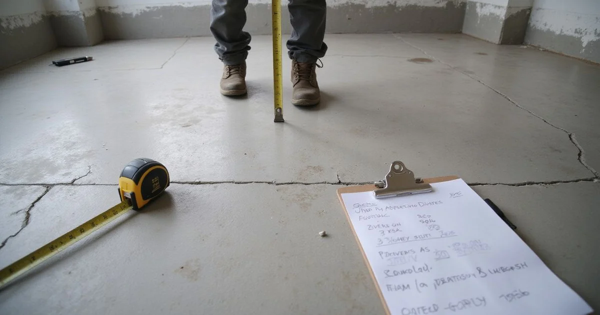 Contractor assessing an interior floor for an overlay quote