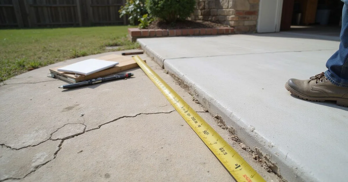 Contractor measuring an exterior concrete patio for a quote