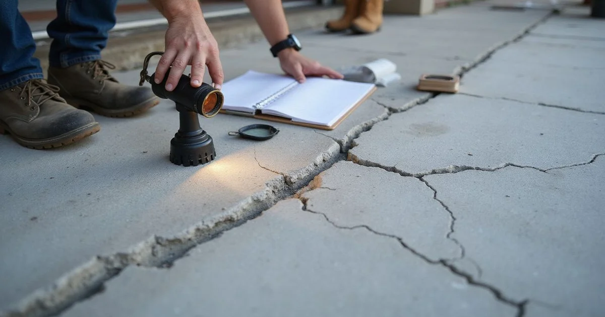 Damaged cracked concrete slab being assessed in natural daylight