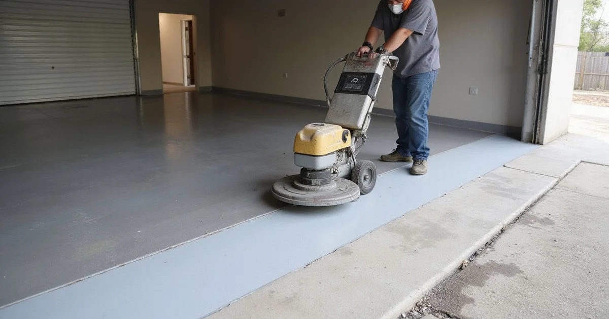 Diamond grinder profiling a bare garage slab before coating, with dust extraction