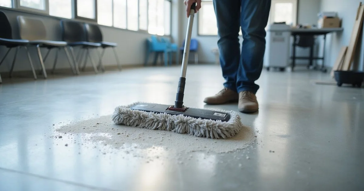 Dust mop being run across a polished concrete floor in a bright room