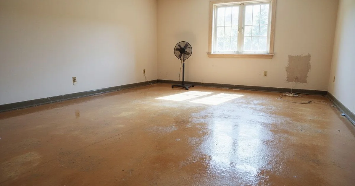 Freshly stained concrete floor drying in an empty room in daylight