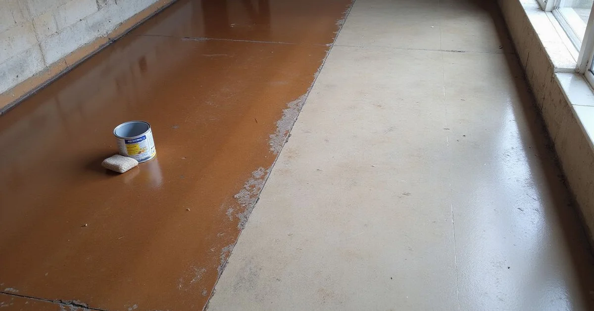 Half-restored stained concrete floor showing worn and renewed sections