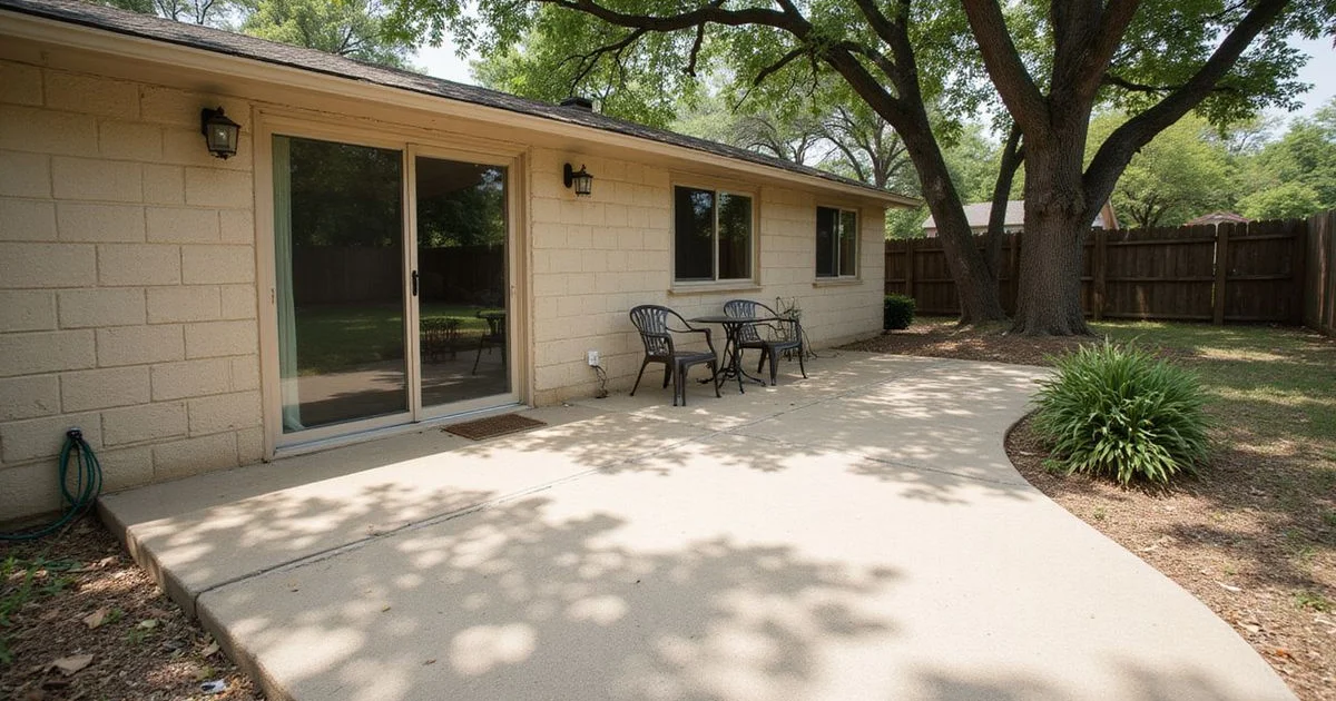 Light-coloured textured concrete patio beside a Central Texas home in strong afternoon sun