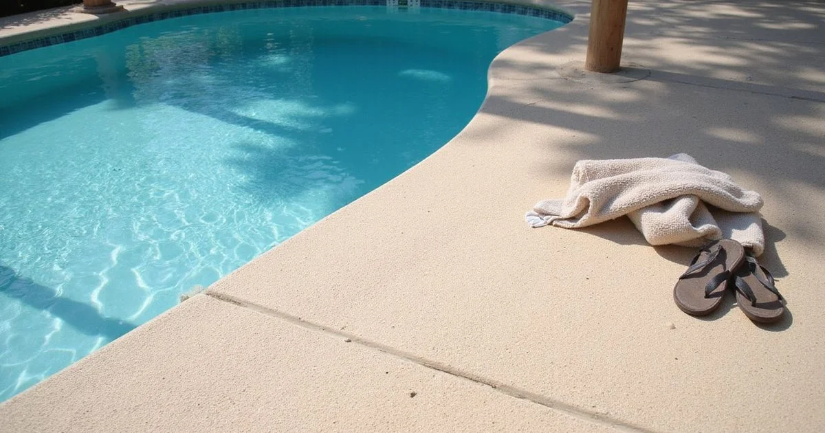 Light-coloured textured pool-deck concrete under bright Texas sun