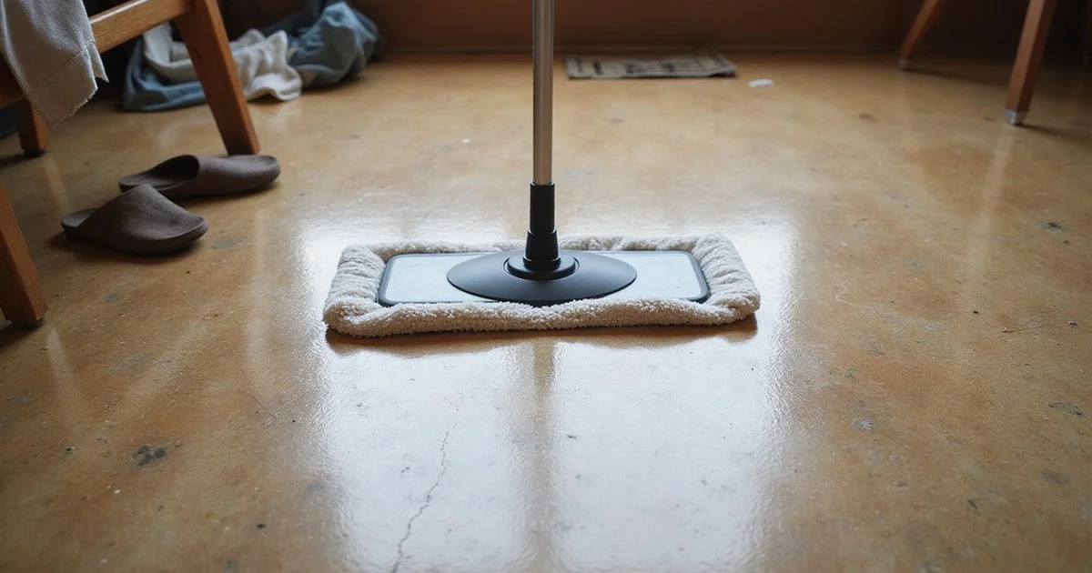 Microfibre mop on a dry satin stained concrete floor in natural light