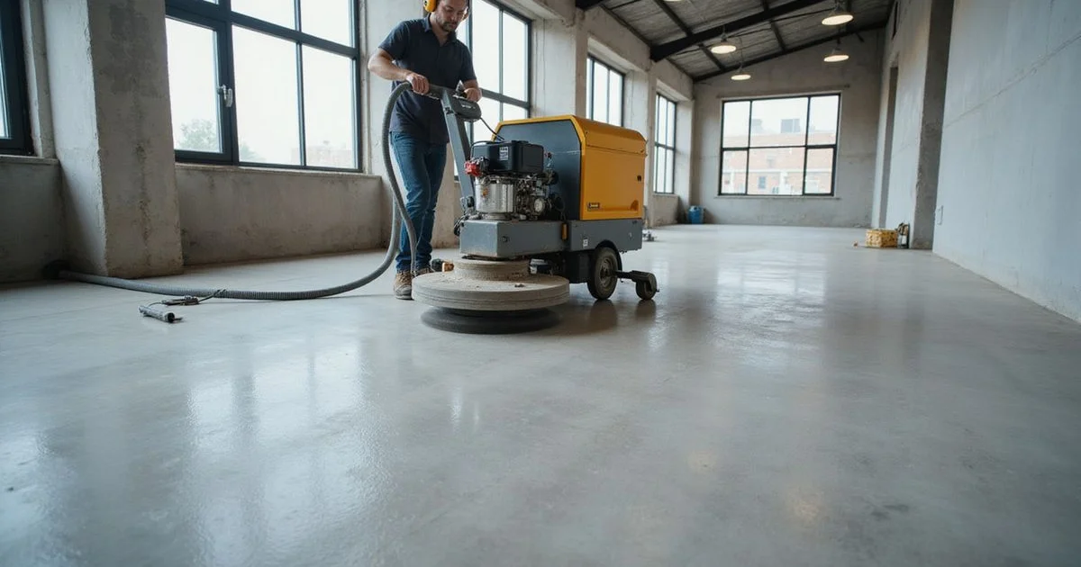 Planetary grinder honing a concrete floor to a soft sheen in natural light
