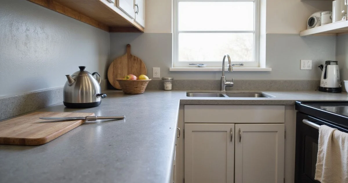 Refinished concrete-look kitchen countertop in a modest Austin kitchen