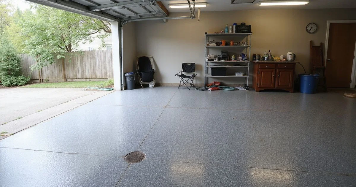 Residential garage floor with grey flake epoxy coating, door open to daylight