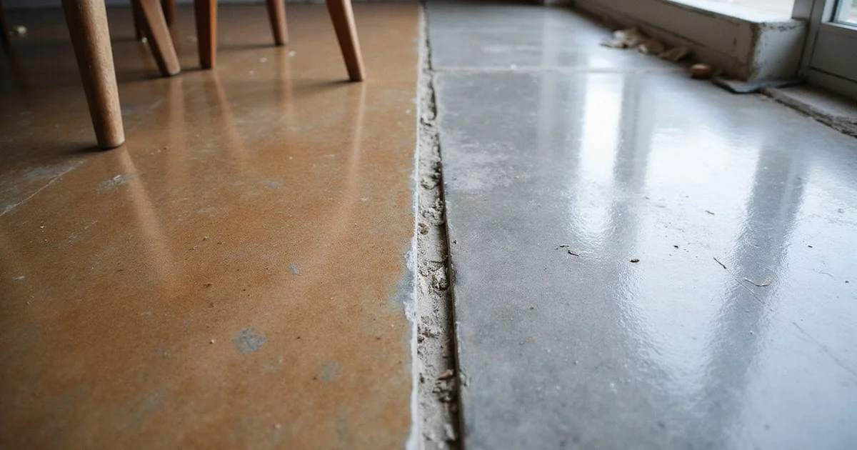Split comparison of a matte stained floor beside a glossy polished floor