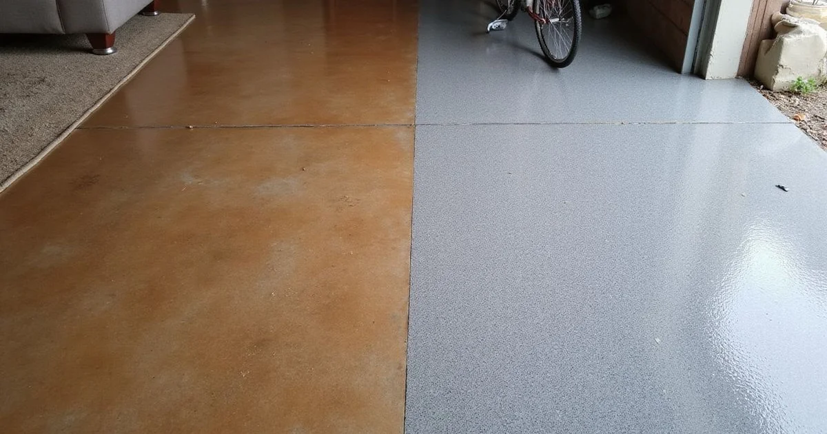 Split comparison of a stained living room floor beside an epoxy-coated garage floor