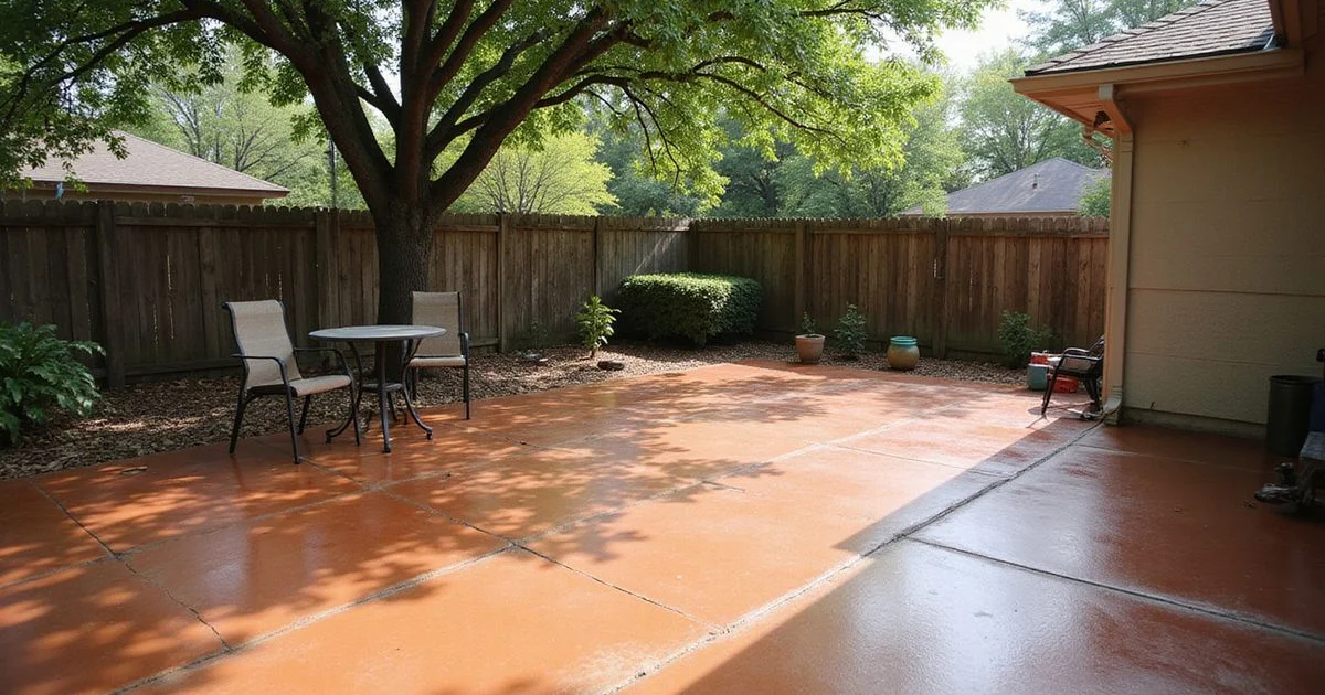 Stained concrete back patio under shade trees with outdoor furniture