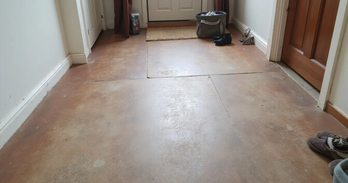 Stained concrete floor showing worn traffic paths between doorways