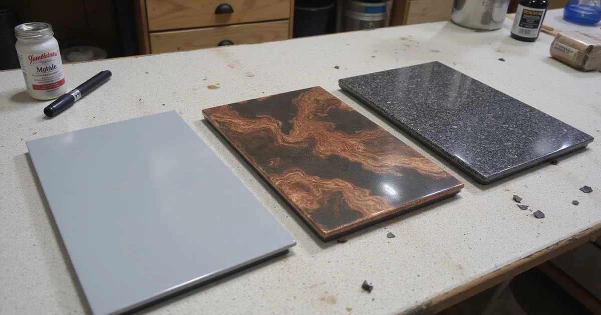 Three coating samples: solid epoxy, metallic epoxy, and flake with polyaspartic topcoat