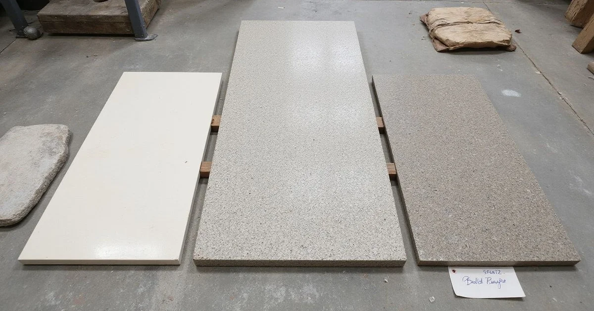Three polished concrete samples: cream, salt-and-pepper, and full aggregate exposure
