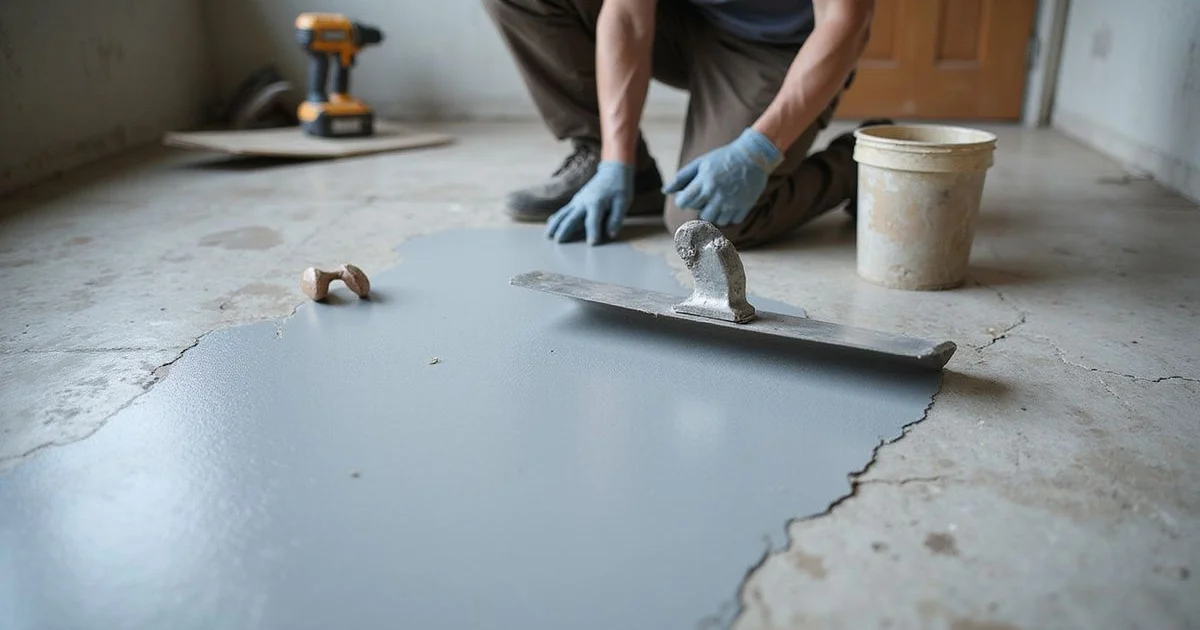 Trowel applying a thin microtopping over an old interior concrete floor
