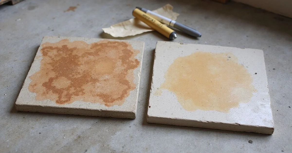 Two sample boards side by side, mottled acid stain and even water-based stain