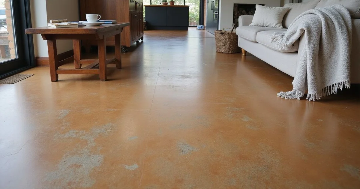 Warm stained concrete floor in a lived-in open-plan home in daylight