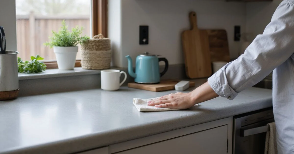 Wiping a concrete-look countertop with a soft cloth in natural light