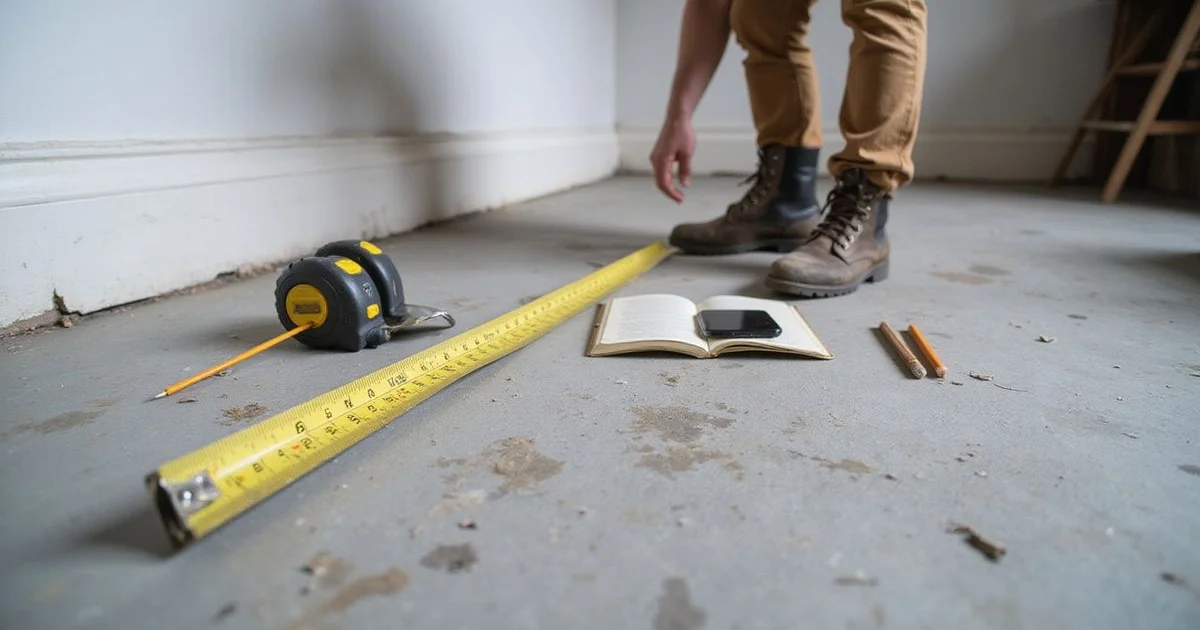Worker measuring a residential concrete floor with a notebook nearby