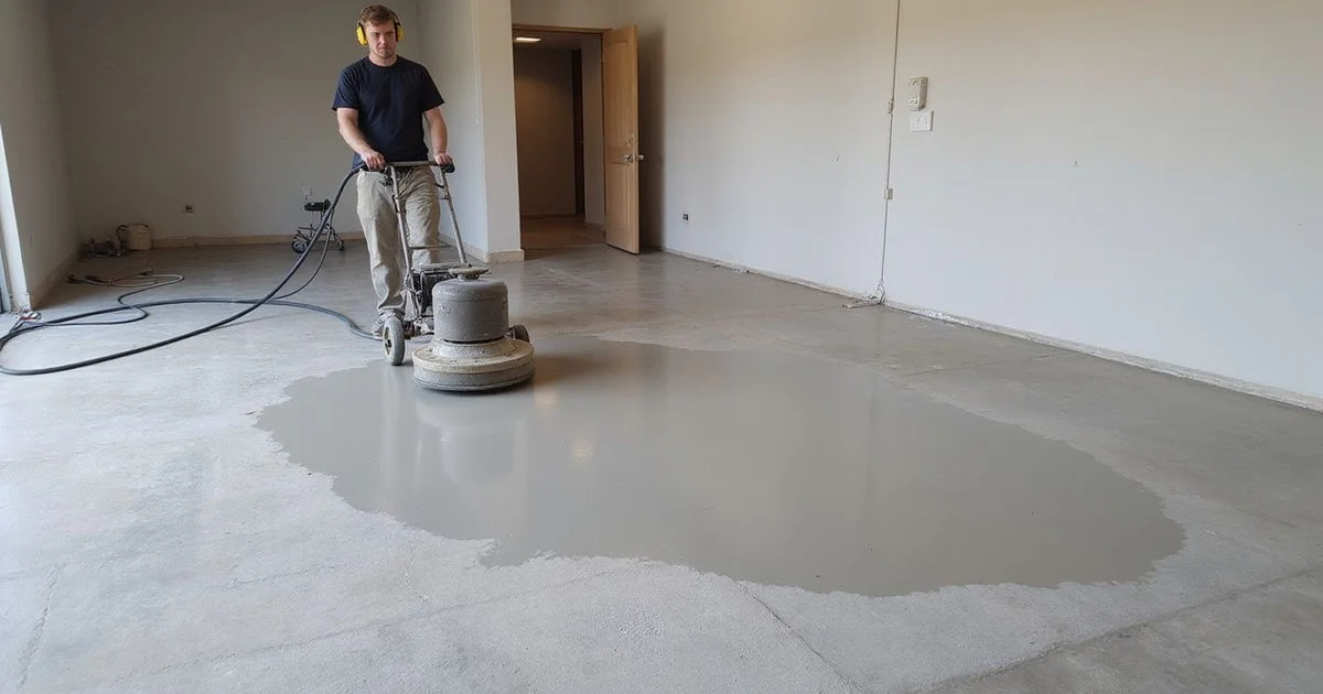 Worker profiling a slab with a floor grinder and dust extraction running